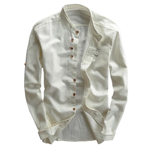 Faonkeew Herren Hemd Premium Soft Leinen Japan Stil Casual Langarm Stehkragen Hemdjacke Vintage Button Shirts Katana Skjorte Regular Fit Button Up Freizeithemd von Faonkeew