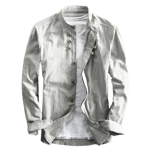 Faonkeew Herren Hemd Premium Soft Leinen Japan Stil Casual Langarm Stehkragen Hemdjacke Vintage Button Shirts Katana Skjorte Regular Fit Button Up Freizeithemd von Faonkeew