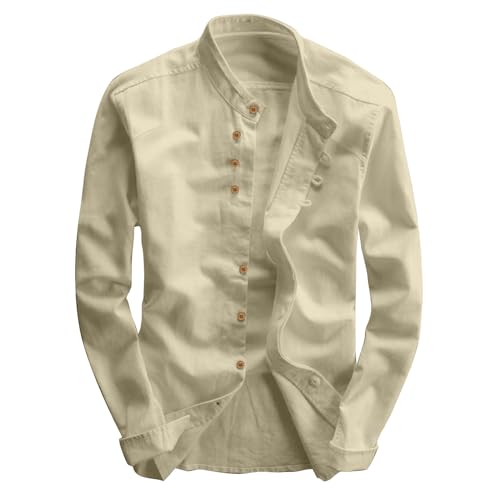 Faonkeew Herren Hemd Premium Soft Leinen Japan Stil Casual Langarm Stehkragen Hemdjacke Vintage Button Shirts Katana Skjorte Regular Fit Button Up Freizeithemd von Faonkeew