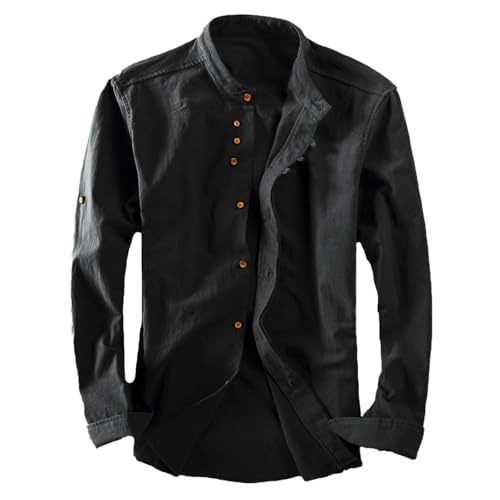 Faonkeew Herren Hemd Premium Soft Leinen Japan Stil Casual Langarm Stehkragen Hemdjacke Vintage Button Shirts Katana Skjorte Regular Fit Button Up Freizeithemd von Faonkeew