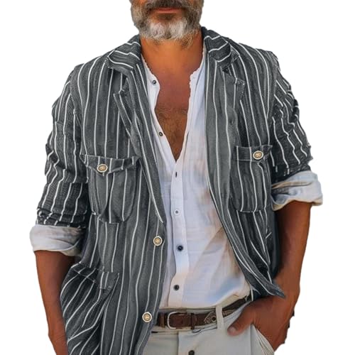 Faonkeew Herren Langarm Hemdjacke Einfarbig Leinenhemd Mit Knopfleiste Sommer Übergangsjacke Langarm Modisch Cardigan mit Knopf Freizeit Leinenjacke Regular Fit Men Sakko von Faonkeew
