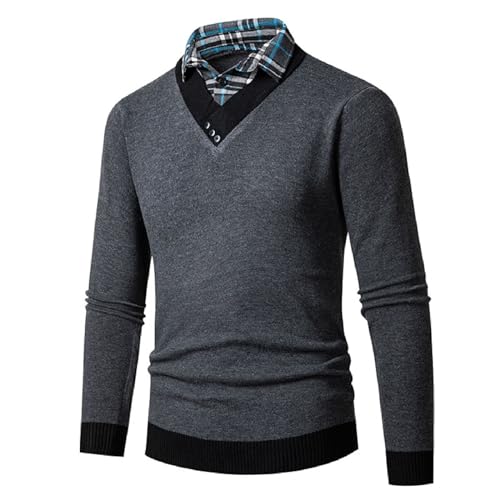 Faonkeew Herren Pullover mit Hemdkragen 2 in 1 Winter Warm Langarm Winterpullover Arbeitspullover Strickpullover mit V Ausschnitt Freizeit Mock Hemd Feinstrick Slim Fit Pulli von Faonkeew