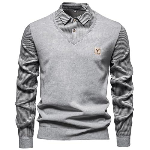 Faonkeew Herren Pullover mit Hemdkragen 2 in 1 Winter Warm Strickpullover mit V Ausschnitt Feinstrick Pullover Winterpullover Lange Ärme Gestrickt Strickjacke Sweatshirt Pulli von Faonkeew