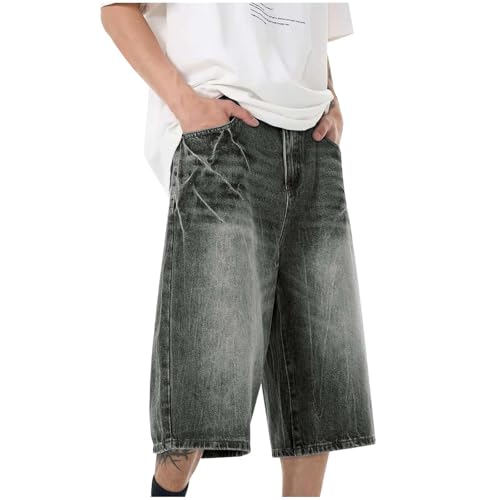 Faonkeew Jeans Herren Kurze Hosen Loose Fit Vintage Weite Beinform Jorts Y2K Streetwear Sommer Denim Half Pants Sweathose Basic Stretch Shorts Freizeithose im Hip Hop Cowboy Style von Faonkeew