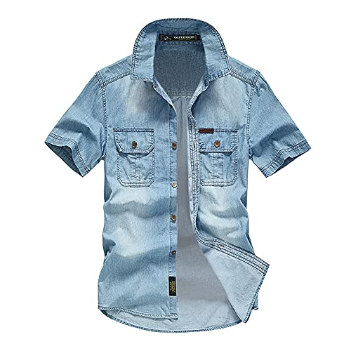 Faonkeew Jeanshemd Herren Kurzarm Denim Hemd Druckknöpfen Jeans Hemden Cowboy-Style Sommerhemd Slim Fit Freizeithemd Kurzarmhemd Kurzarm Western Normale Passform Freizeithemden von Faonkeew