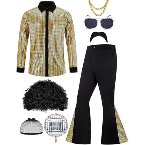 Faonkeew Karneval Kostüm Herren 70er Jahre Outfit Männer Hippie Kostüm Hemd und Schlaghosen für Karneval oder Mottoparty Paillettenhemd Schlaghose Set mit Disco Zubehör Faonkeew Karneval Kostüm Herren 70er Jahre Outfit Männer Hippie Kostüm Hemd und Schlaghosen für Karneval oder Mottoparty Paillettenhemd Schlaghose Set mit Disco Zubehör von Faonkeew