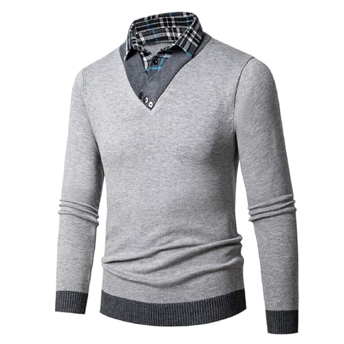 Herren Pullover mit Hemdkragen 2 in 1 Winter Warm Strickpullover mit V-Ausschnitt Freizeit Mock Hemd Feinstrick Pullover Winterpullover von Faonkeew