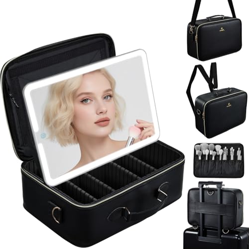 Faquenc Große Make-up-Tasche mit LED-Spiegel, Reise-Kosmetiktasche für Make-up-Künstler, Make-up-Organizer mit Trennwand, wiederaufladbarer Kosmetikspiegel mit 3 farbigen Lichtern für Friseure, MUA Faquenc Große Make-up-Tasche mit LED-Spiegel, Reise-Kosmetiktasche für Make-up-Künstler, Make-up-Organizer mit Trennwand, wiederaufladbarer Kosmetikspiegel mit 3 farbigen Lichtern für Friseure, MUA von Faquenc