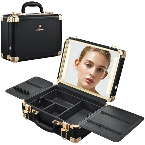 Faquenc Make-up-Tasche mit beleuchtetem Spiegel, 3 Farbeinstellungen, beleuchteter Make-up-Organizer mit abnehmbarem Tablett, Reise-Make-up-Box mit Licht für Make-up-Werkzeuge, Black Moutain Shadow Faquenc Make-up-Tasche mit beleuchtetem Spiegel, 3 Farbeinstellungen, beleuchteter Make-up-Organizer mit abnehmbarem Tablett, Reise-Make-up-Box mit Licht für Make-up-Werkzeuge, Black Moutain Shadow von Faquenc