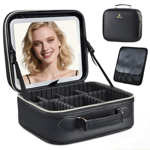 Faquenc Reise-Make-up-Tasche mit LED-Spiegel, 3 Farbmodi, 25,9 cm, veganes Leder, Make-up-Organizer mit verstellbaren EVA-Trennwänden und unabhängigem Pinsel-Panel Faquenc Reise-Make-up-Tasche mit LED-Spiegel, 3 Farbmodi, 25,9 cm, veganes Leder, Make-up-Organizer mit verstellbaren EVA-Trennwänden und unabhängigem Pinsel-Panel von Faquenc