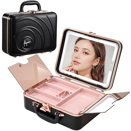 Faquenc Reise-Make-up-Tasche mit beleuchtetem Spiegel, 3 Farbeinstellungen, Hartschalen-Make-up-Kosmetikkoffer, Organizer, verstellbare Helligkeit, tragbare Make-up-Aufbewahrungsbox für von Faquenc