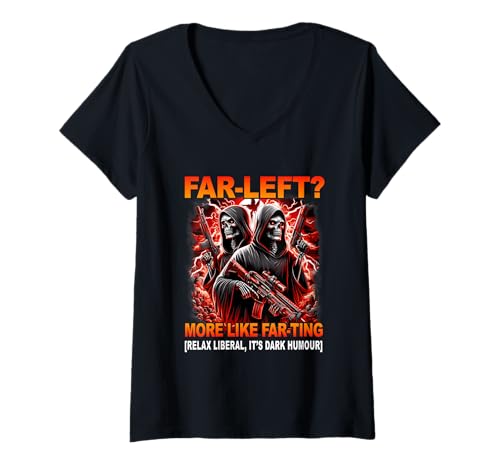 Damen Ganz Links, eher furzend, lustiges Hard-Skeleton-Meme-Bootleg T-Shirt mit V-Ausschnitt von Far Left More Like Farting Hard Skeleton Bootleg