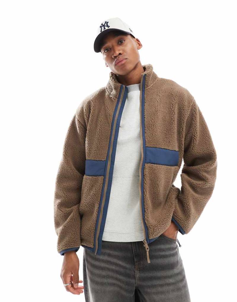 Farah - Elias - Fleecejacke in Pilz-Grau mit blauen Einsätzen und durchgehendem Reißverschluss von Farah