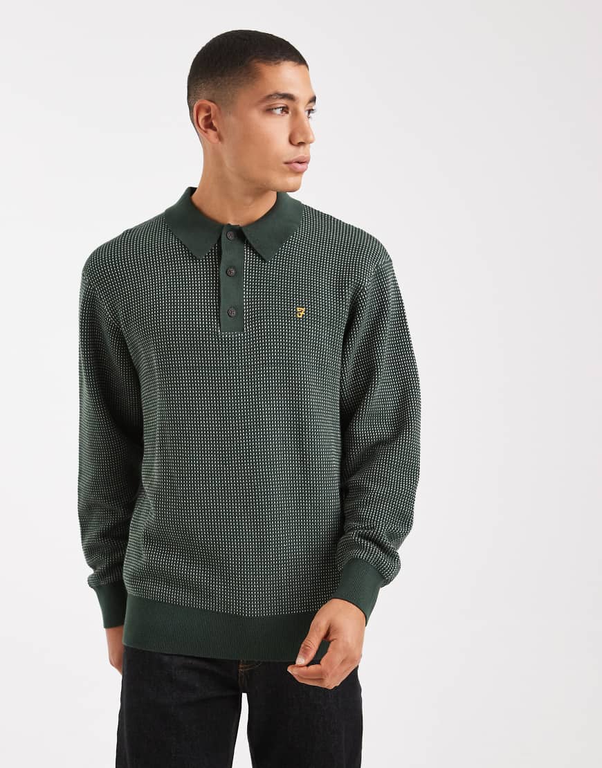 Farah - Gateacre - Langärmliges, gestricktes Polohemd in Dunkelgrün von Farah