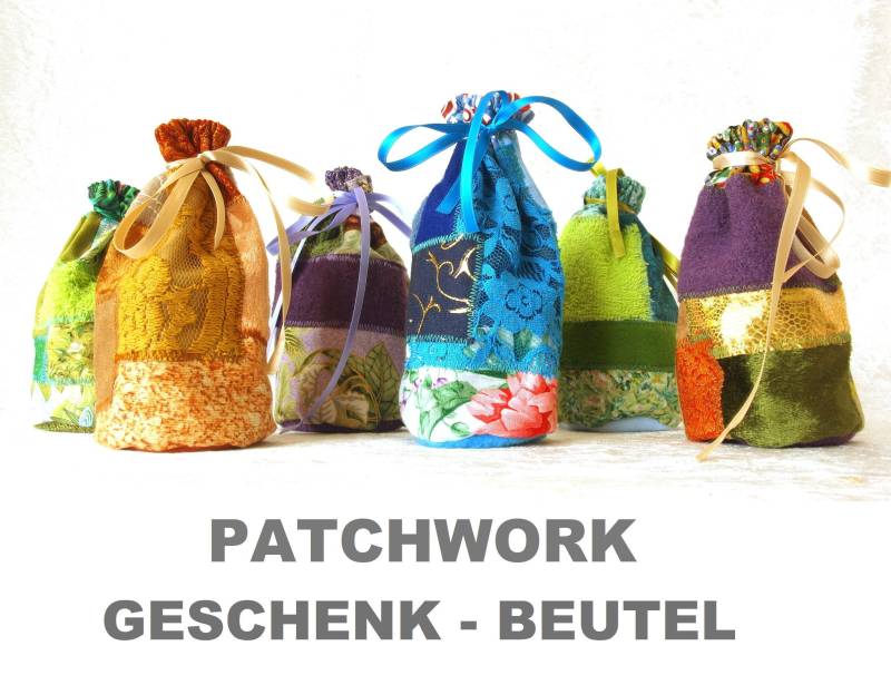 Patchwork Shabby Chic Boho Beutel Stoff Kleiner Geschenk Bunt Stoffbeutelchen Klein Höhe 17cm Durchmesser 8cm von Farbcomfort