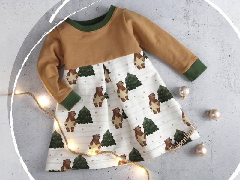Kleid Langarm "Bär Mit Weihnachtsstern" | Winterkleid Mädchen Weihnachtskleid Baby Sweatkleid Weihnachtsoutfit von Farbenbunt