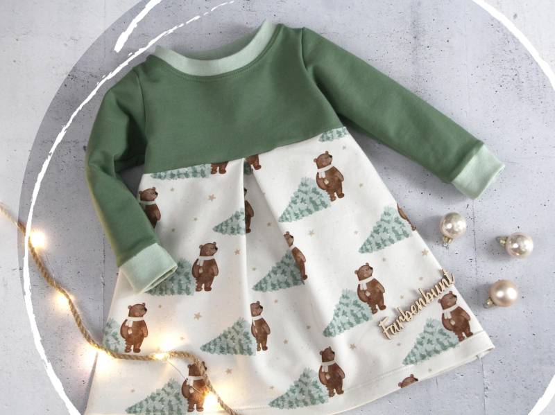 Kleid Langarm "Weihnachtsbär" | Winterkleid Mädchen Weihnachtskleid Baby Sweatkleid Weihnachtsoutfit von Farbenbunt