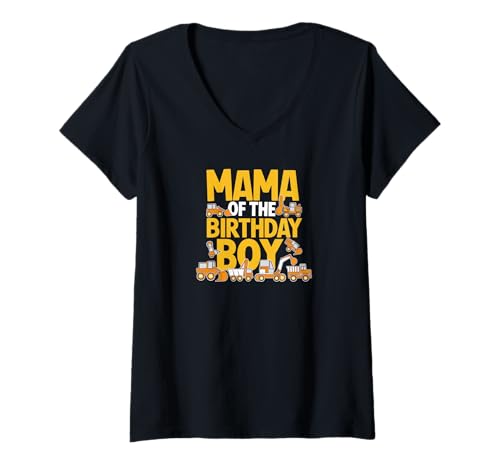 Damen Mama Vom Geburtstagsjungen Mit Baufahrzeugen T-Shirt mit V-Ausschnitt Damen Mama Vom Geburtstagsjungen Mit Baufahrzeugen T-Shirt mit V-Ausschnitt von Farbenfroher Ausruf Mit Baulastwagen Thema