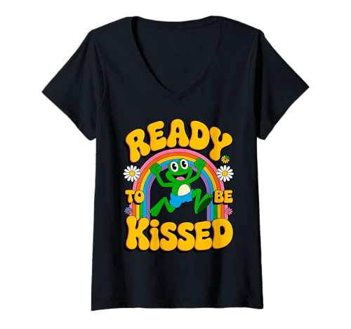 Damen Frosch bereit zum Küssen Regenbogen Retro-Frosch-Liebhaber T-Shirt mit V-Ausschnitt Damen Frosch bereit zum Küssen Regenbogen Retro-Frosch-Liebhaber T-Shirt mit V-Ausschnitt von Farbenfroher Retro-Frosch-Cartoon mit Regenbogenbl