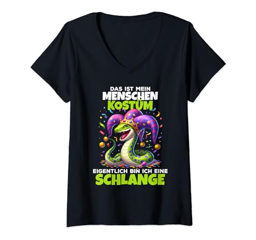 Damen Schlange Karneval Schlangen Kostüm Helau Fasching Mensch T-Shirt mit V-Ausschnitt Damen Schlange Karneval Schlangen Kostüm Helau Fasching Mensch T-Shirt mit V-Ausschnitt von Farbiges Kölner Fasnacht Tiere Konfetti Geschenk