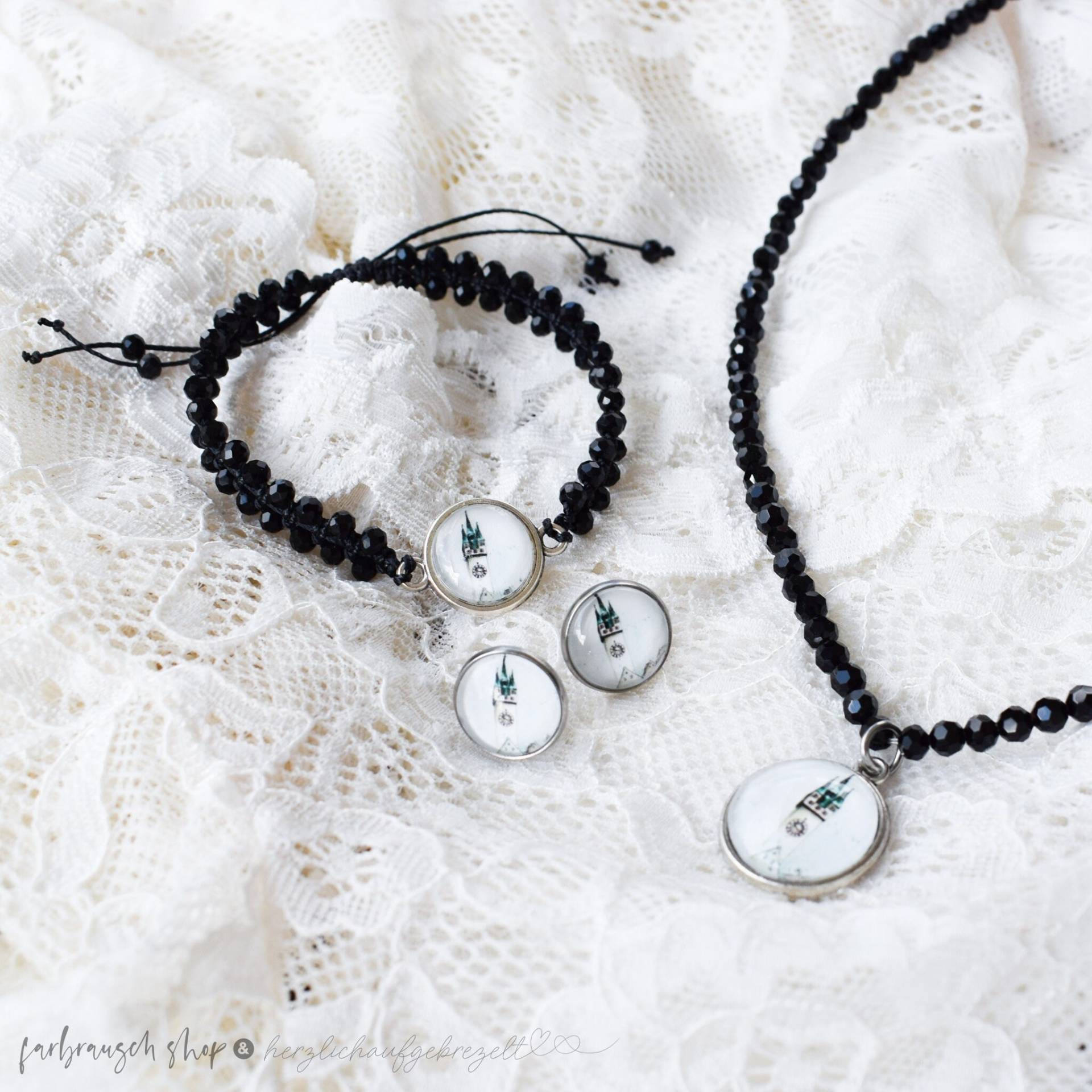 Schmuck-Set | „Stadtturm Straubing" Schwarz Halskette + Armband Ohrstecker von FarbrauschShop