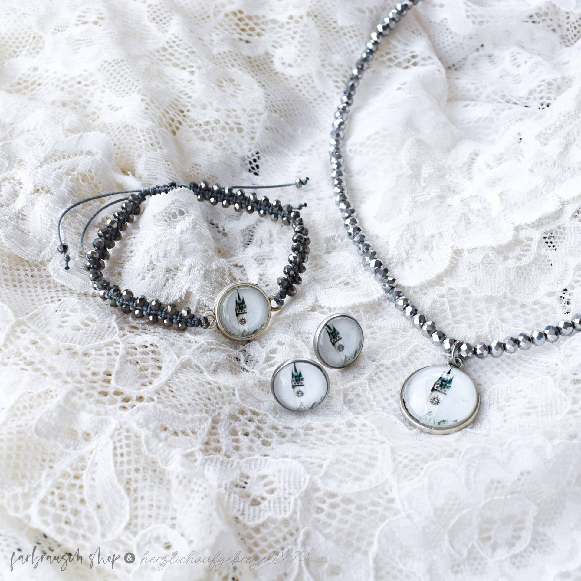 Schmuck-Set | „Stadtturm Straubing" Silbergrau Halskette + Armband Ohrstecker von FarbrauschShop