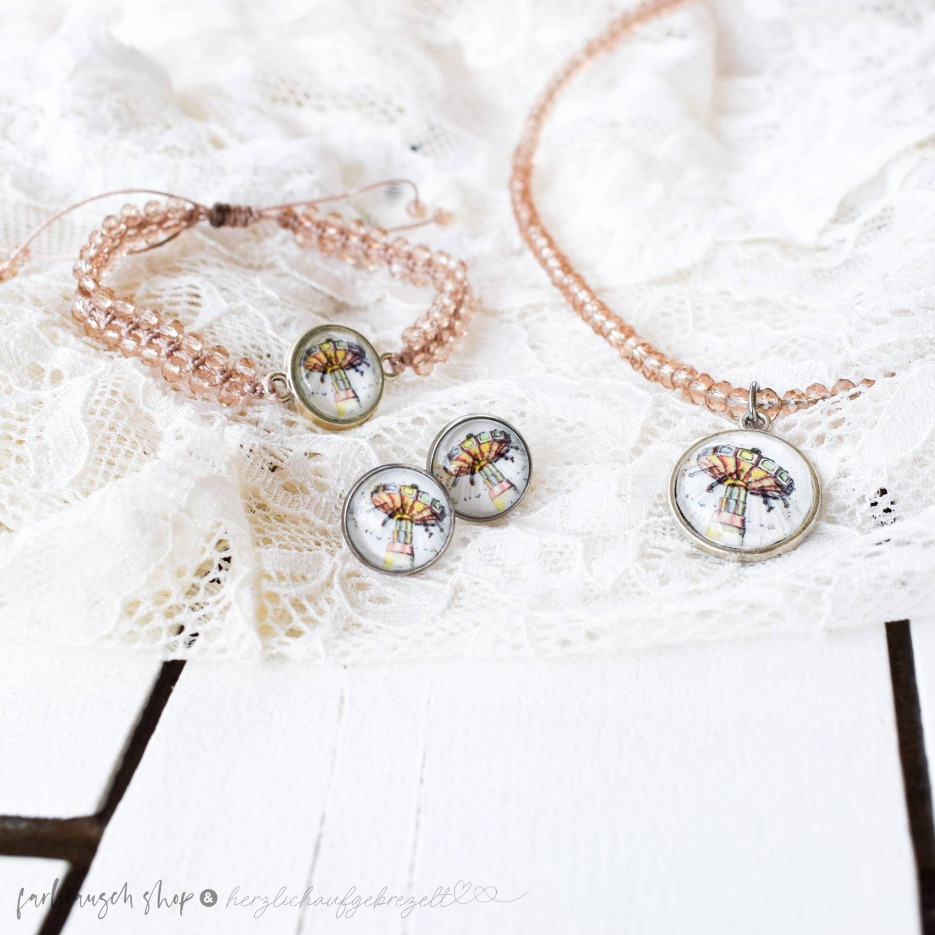 Schmuck-Set | „Wellenflieger" Kettenkarussell Altrosa Halskette + Armband Ohrstecker von FarbrauschShop