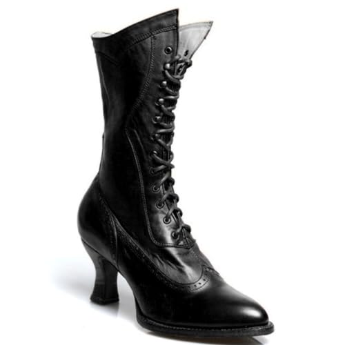 Farbrich Retro PU-Leder Spitze Zehen Schnürstiefel Für Frauen, Herbst Winter Weinglas Absatzstiefel Damen Stiefeletten Gothic Punk Schuhe Prinzessin Lady Cosplay Stiefel,Schwarz,37 von Farbrich