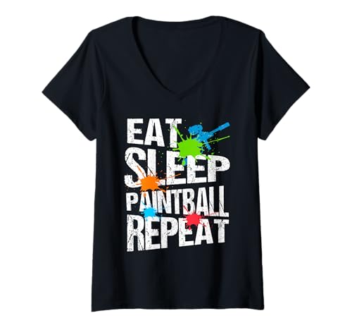 Damen Essen Schlafen Paintball Wiederholen Action Tage T-Shirt mit V-Ausschnitt Damen Essen Schlafen Paintball Wiederholen Action Tage T-Shirt mit V-Ausschnitt von Farbspiel Adrenalin Fans Freizeitfreunde
