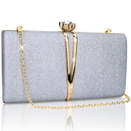 Farcauo Damen Abendtasche kleine Clutch Hochzeit Handtasche Silber Damen Kleine Schultertasche mit abnehmbarer Kette elegante Crossbody Tasche Glitter Abendtasche für Bankett und Party von Farcauo