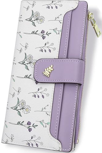 Farcauo Damen Lange Portemonnaie Geldbörsen Frauen Kleine mit lila Blumen Design für Frauen Klein Portmonee mit Ausweisfach und Kartenhüllen Farcauo Damen Lange Portemonnaie Geldbörsen Frauen Kleine mit lila Blumen Design für Frauen Klein Portmonee mit Ausweisfach und Kartenhüllen von Farcauo