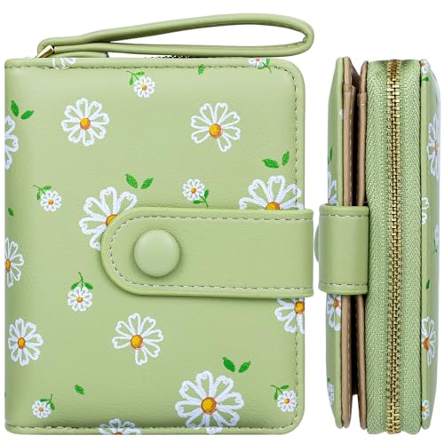 Farcauo Portemonnaie Damen Geldbeutel Frauen Geldbörsen Klein Damen Portemonnaie Mini Geldbörse Hellgrün Frauen Klein Portmonee Blumen Design Geldbörsen mit Ausweisfach und Kartenhüllen von Farcauo