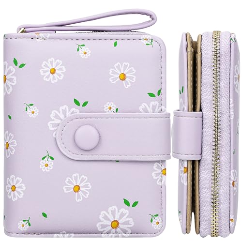 Farcauo Geldbörse Damen Lila Blumen Design Geldbörsen Frauen Klein mit Ausweisfach und Kartenhüllen Portmonee Frauen von Farcauo