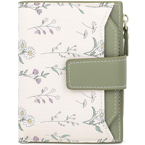 Farcauo Portemonnaie Damen Geldbeutel Frauen Portemonnaie Mini Geldbörsen Klein Damen mit Grün Blumen Design für Frauen Klein Portmonee mit Ausweisfach und Kartenhüllen von Farcauo