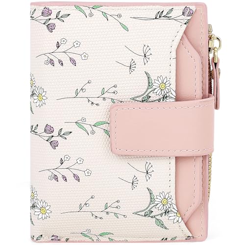 Farcauo Portemonnaie Damen Geldbeutel Frauen Portemonnaie Mini Geldbörsen Klein Damen mit Rosa Blumen Design für Frauen Klein Portmonee mit Ausweisfach und Kartenhüllen von Farcauo