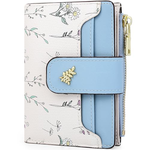Farcauo Portemonnaie Damen RFID Geldbeutel Frauen Geldbörsen Klein Damen Portemonnaie Mini Geldbörse mit Blau Blumen Design für Frauen Klein mit Ausweisfach und Kartenhüllen von Farcauo