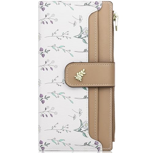 Farcauo Portemonnaie Damen RFID Geldbörsen Frauen Geldbeutel Mittel Groß Damen Geldbörse mit Braun Blumen Design für Frauen Portmonee mit Ausweisfach und Kartenhüllen von Farcauo