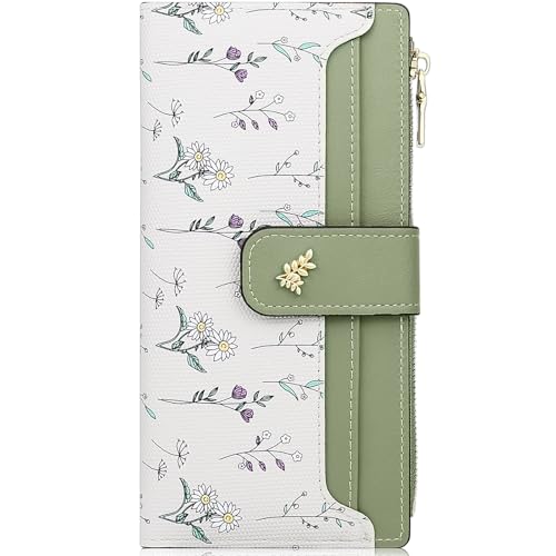 Farcauo Portemonnaie Damen RFID Geldbörsen Frauen Geldbeutel Mittel Groß Damen Geldbörse mit Grün Blumen Design für Frauen Portmonee mit Ausweisfach und Kartenhüllen von Farcauo