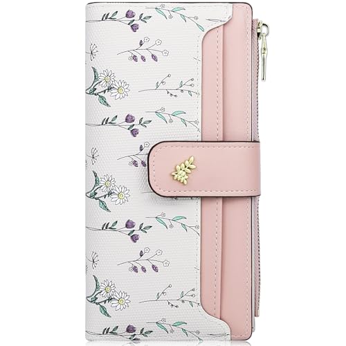Farcauo Portemonnaie Damen RFID Geldbörsen Frauen Geldbeutel Mittel Groß Damen Geldbörse mit Rosa Blumen Design für Frauen Portmonee mit Ausweisfach und Kartenhüllen von Farcauo