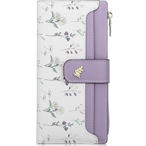 Farcauo Portemonnaie Damen RFID Geldbörsen Frauen Geldbeutel Mittel Groß Damen Geldbörse mit lila Blumen Design für Frauen Portmonee mit Ausweisfach und Kartenhüllen von Farcauo