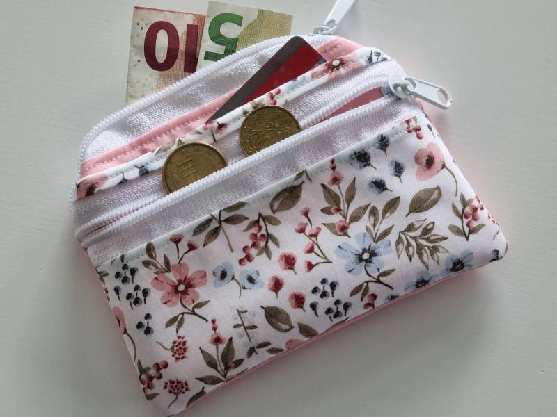 Kleiner Geldbeutel 3 Fächer 2x Reißverschlussfach - Portemonnaie Damen Blumen Altrosa Mini Geldbörse Stoff Genäht Mit Kartenfach von FareimliHandmadeShop