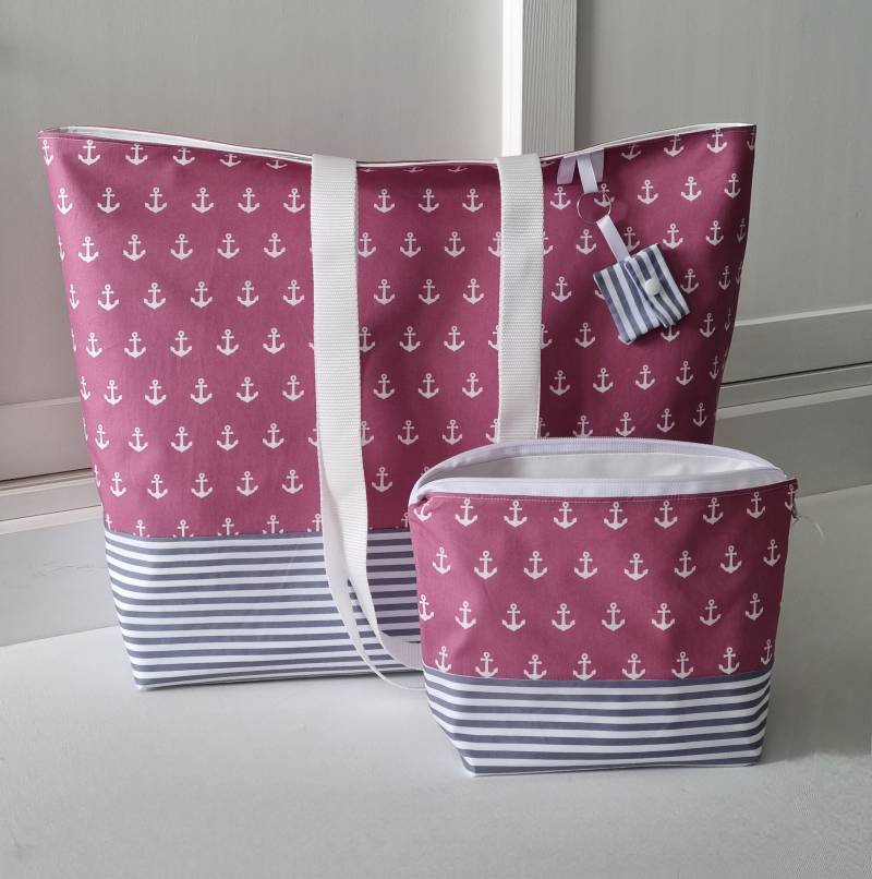 Saunatasche Wasserabweisend Anker Mauve I Große Xxl Badetasche Waschhaustasche Camping Strandtasche Damen Waschraumtasche Gestreift von FareimliHandmadeShop