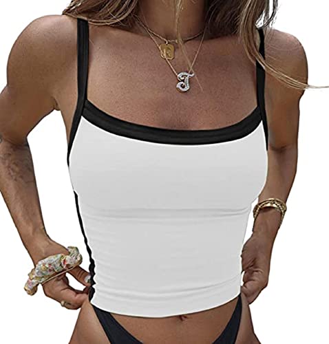 Faretumiya Damen Träger-Tanktop mit quadratischem Ausschnitt, Farbblock, ärmellos, bauchfrei, Cami Y2k Egirl Crop Vest Shirt Streetwear, Weiss/opulenter Garten, Klein von Faretumiya