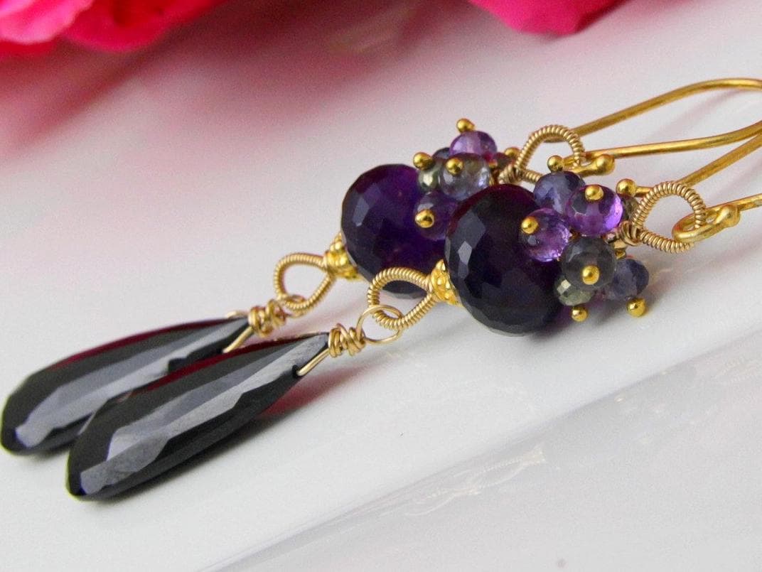 Amethyst Edelstein Ohrringe 14K Gold Filled Draht, Schwarzer Spinell Tropfen Amethyst Edelstein Ohrringe 14K Gold Filled Draht, Schwarzer Spinell Tropfen von FarfallaBijoux
