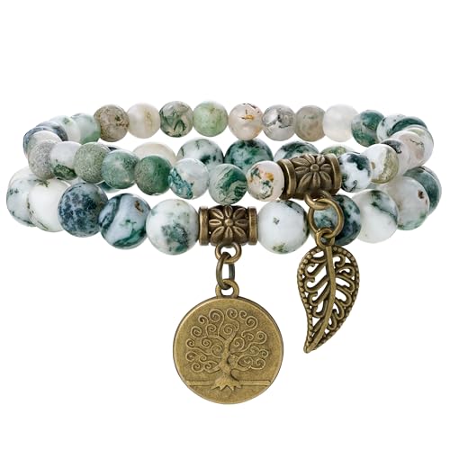 Farfume Chakra Armbänder für Frauen - Kristalle Armband Frauen Natürliche Edelsteine Yoga Reiki - Ein Set von Doppel-Armbänder（Baumachat & Lebensbaum（Mittel） von Farfume