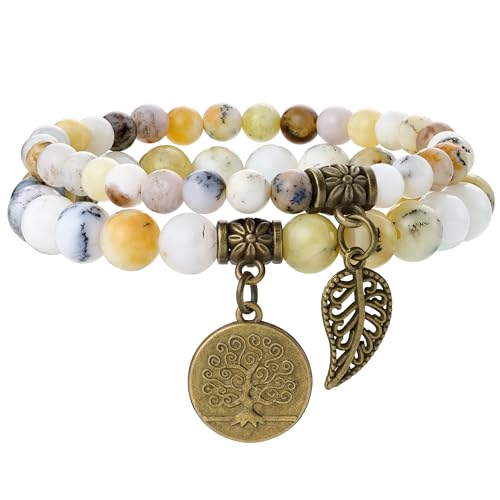 Farfume Chakra Armbänder für Frauen - Kristalle Armband Frauen natürliche Edelsteine Yoga Reiki - Ein Set von Doppel-Armbänder（Dendritischer Opal & Lebensbaum（Mittel） von Farfume