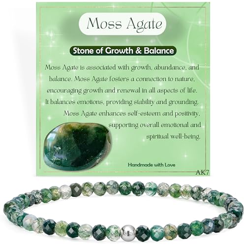 Moosachat - Wachstum & Gleichgewicht - Edelstein Perlen Armband für Frauen, 4mm Kristall Silber 925 Naturstein Schmuck Elastisch Armbänder Damen, Chakra Spirituelle Charms Armbänder Geschenke von Farfume