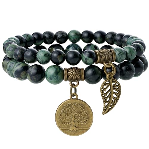 Farfume Chakra Armbänder für Frauen - Kristalle Armband Frauen natürliche Edelsteine Yoga Reiki- Ein Satz von Doppel-Armbänder（Kambaba-Jaspis & Lebensbaum（Mittel） von Farfume