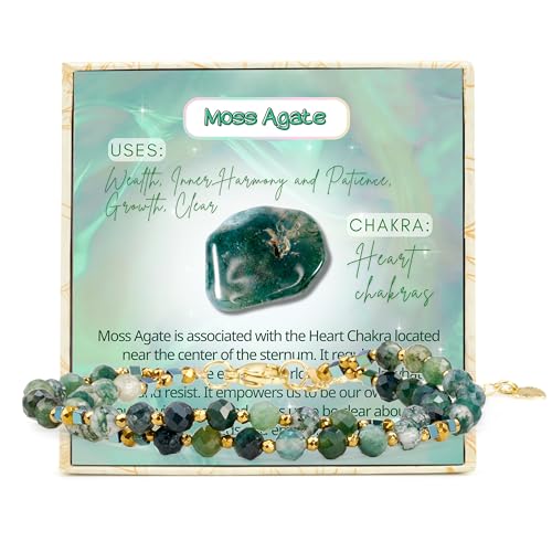 Farfume Armband Damen Edelstein Perlen Armbänder, Chakra 4mm Kristall Natürliche Echte Steine Schmuck Geschenke für Frauen(Moos-Achat) von Farfume