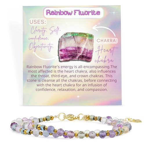 Farfume Armband Damen Edelstein Perlen Armbänder, Chakra 4mm Kristall Natürliche Echte Steine Schmuck Geschenke für Frauen(Regenbogen-Fluorit) von Farfume